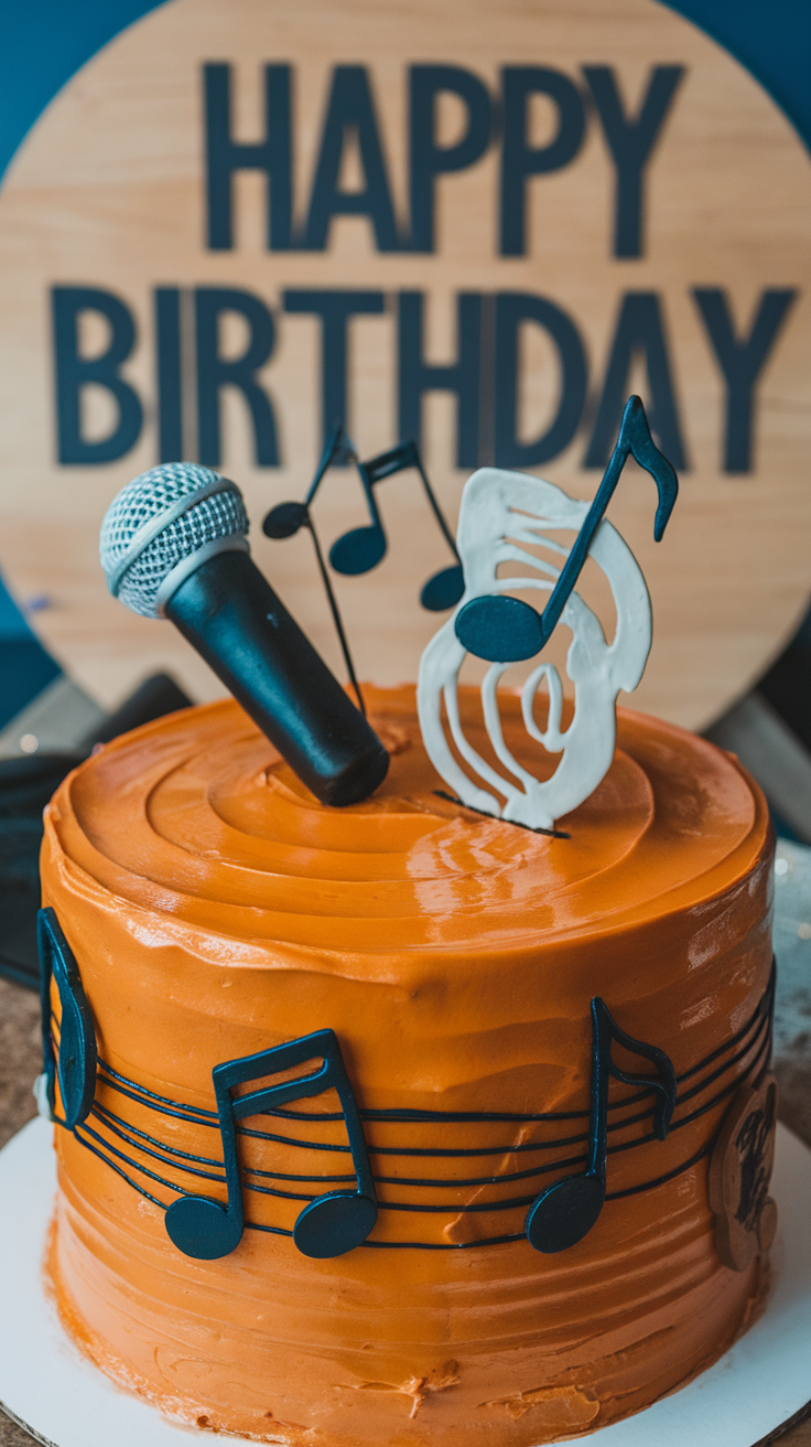 A vibrant orange cake with musical notes and a microphone on top, set against a birthday sign.