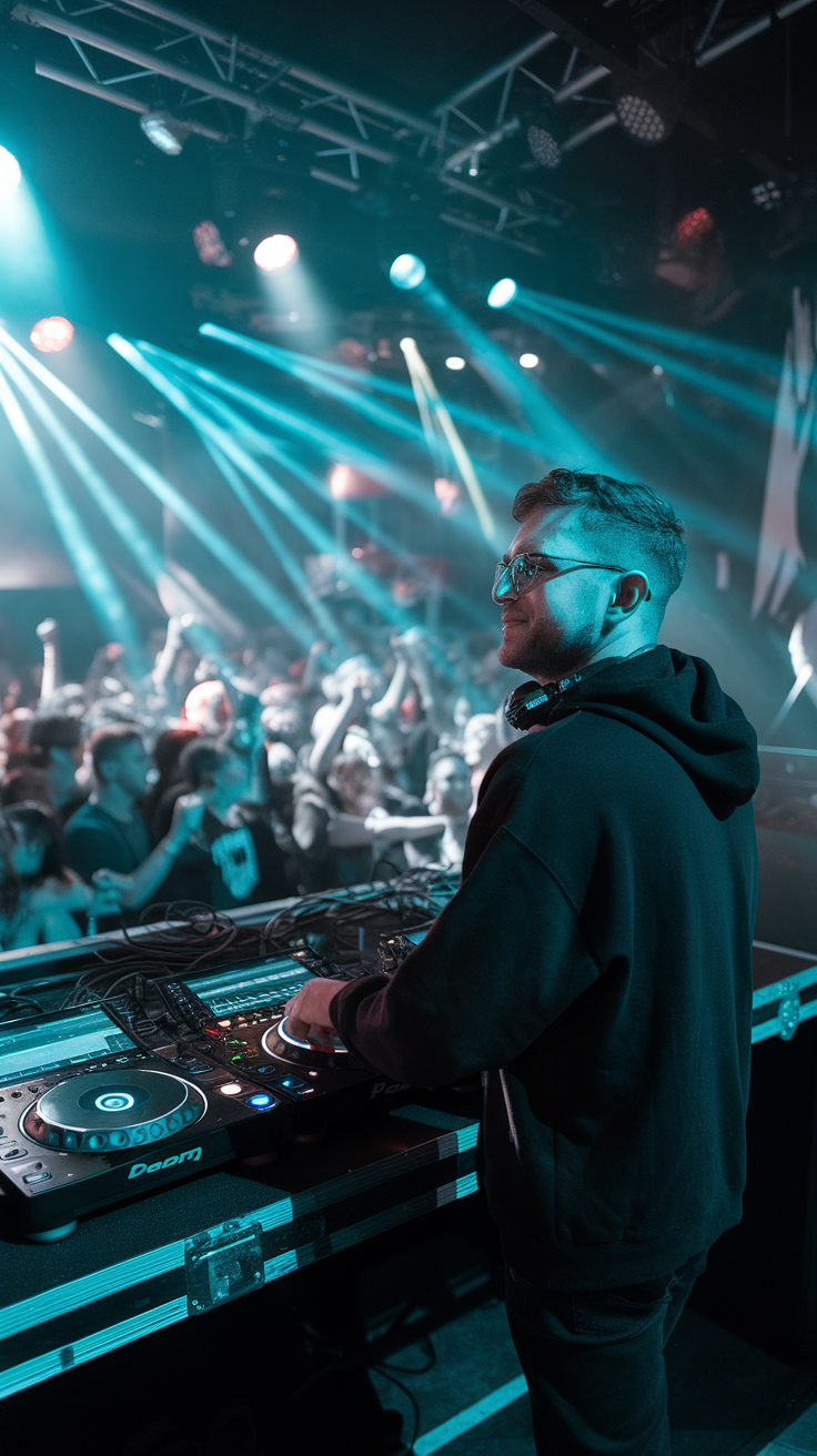 A DJ performing live in front of a lively audience with bright stage lights.