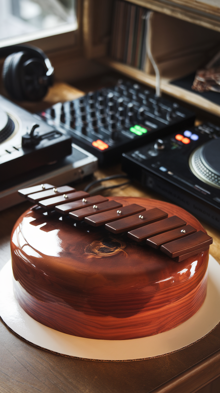 A beautifully designed marimba cake placed next to DJ equipment.