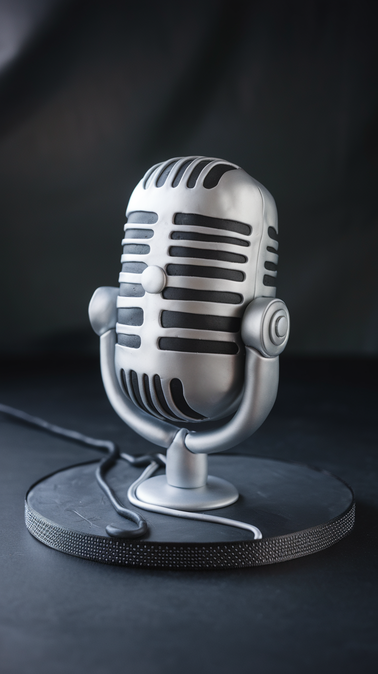 A cake designed to look like a vintage microphone, with silver and black colors, resting on a circular base.