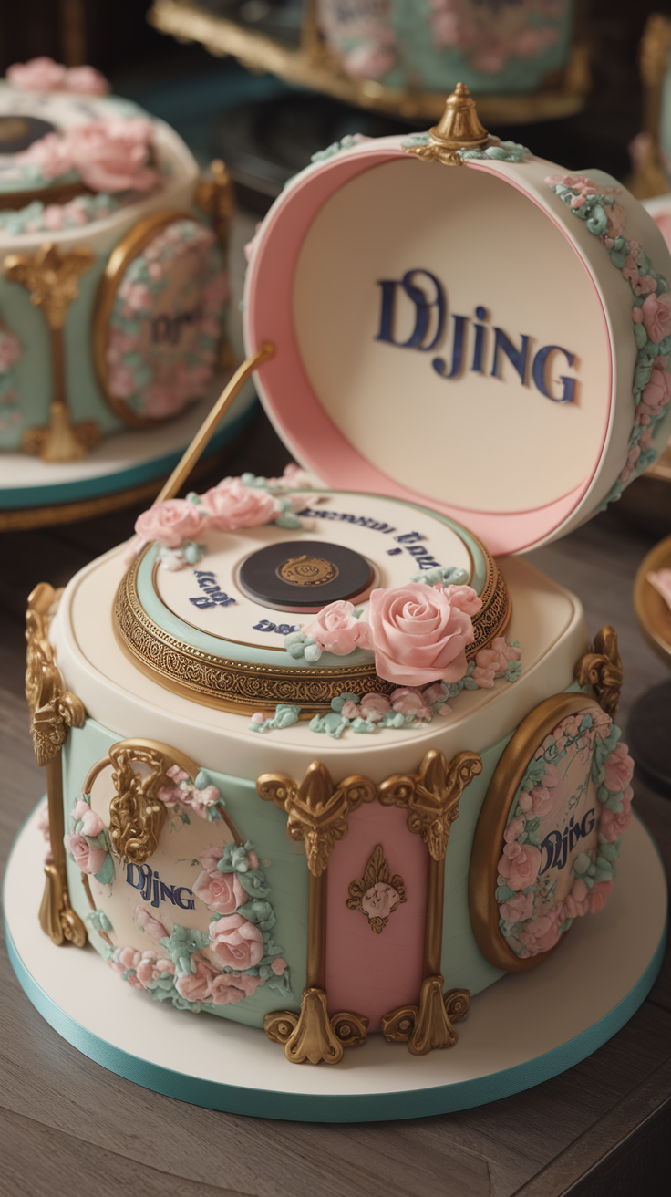 A beautifully decorated Music Box Cake with roses and 'DJING' written on it, resembling a music box.