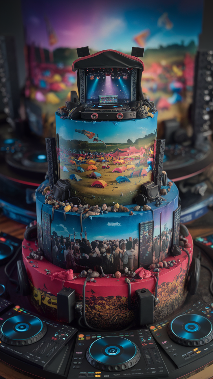 A detailed three-tiered DJ cake designed to resemble a music festival scene with vibrant colors, a DJ booth, and festive decorations.