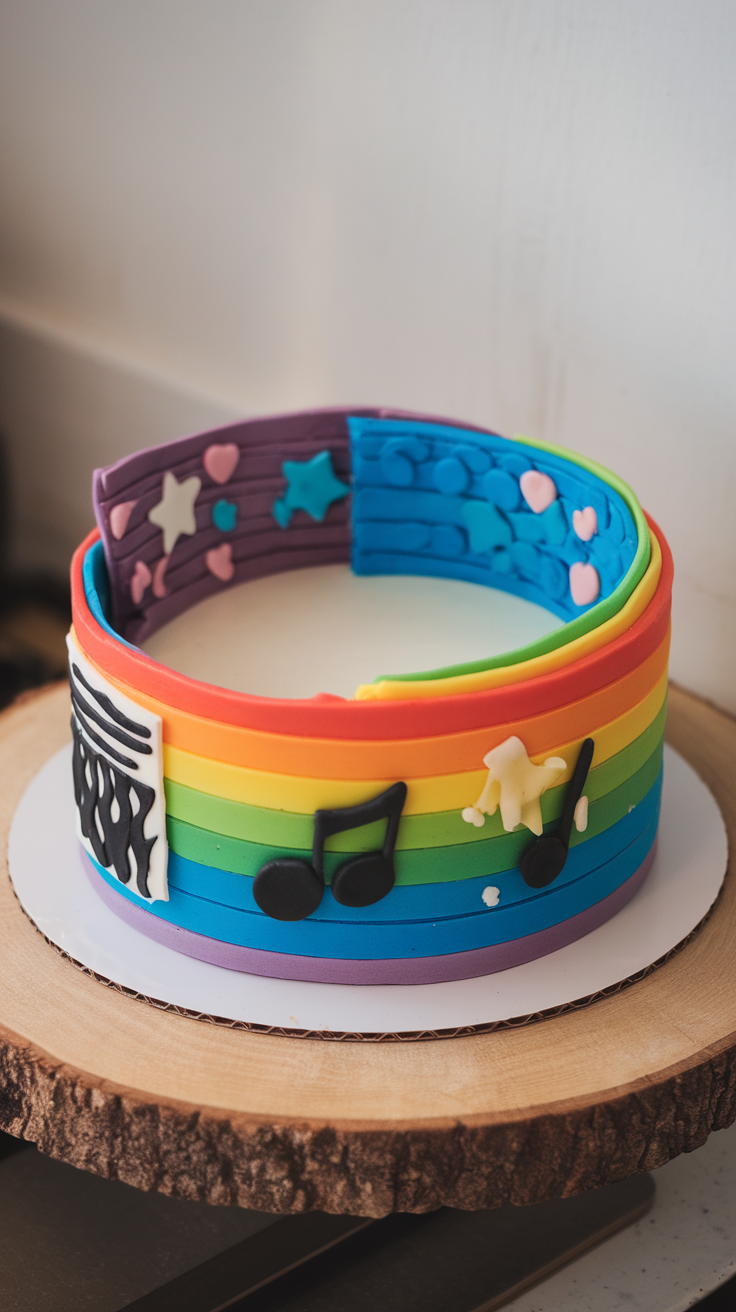 A colorful cake designed to resemble music festival wristbands with musical notes and stars decorations.