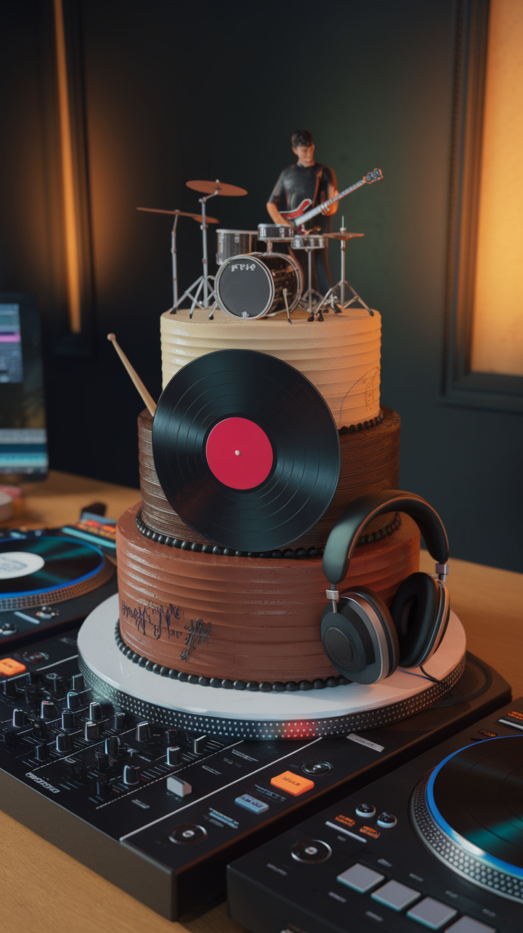 A creatively designed DJ cake featuring a drummer and guitarist on top, along with records and headphones.