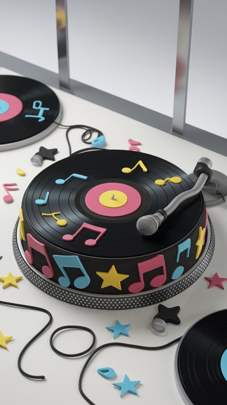 A colorful DJ-themed cake designed to look like a vinyl record, decorated with musical notes and a microphone.