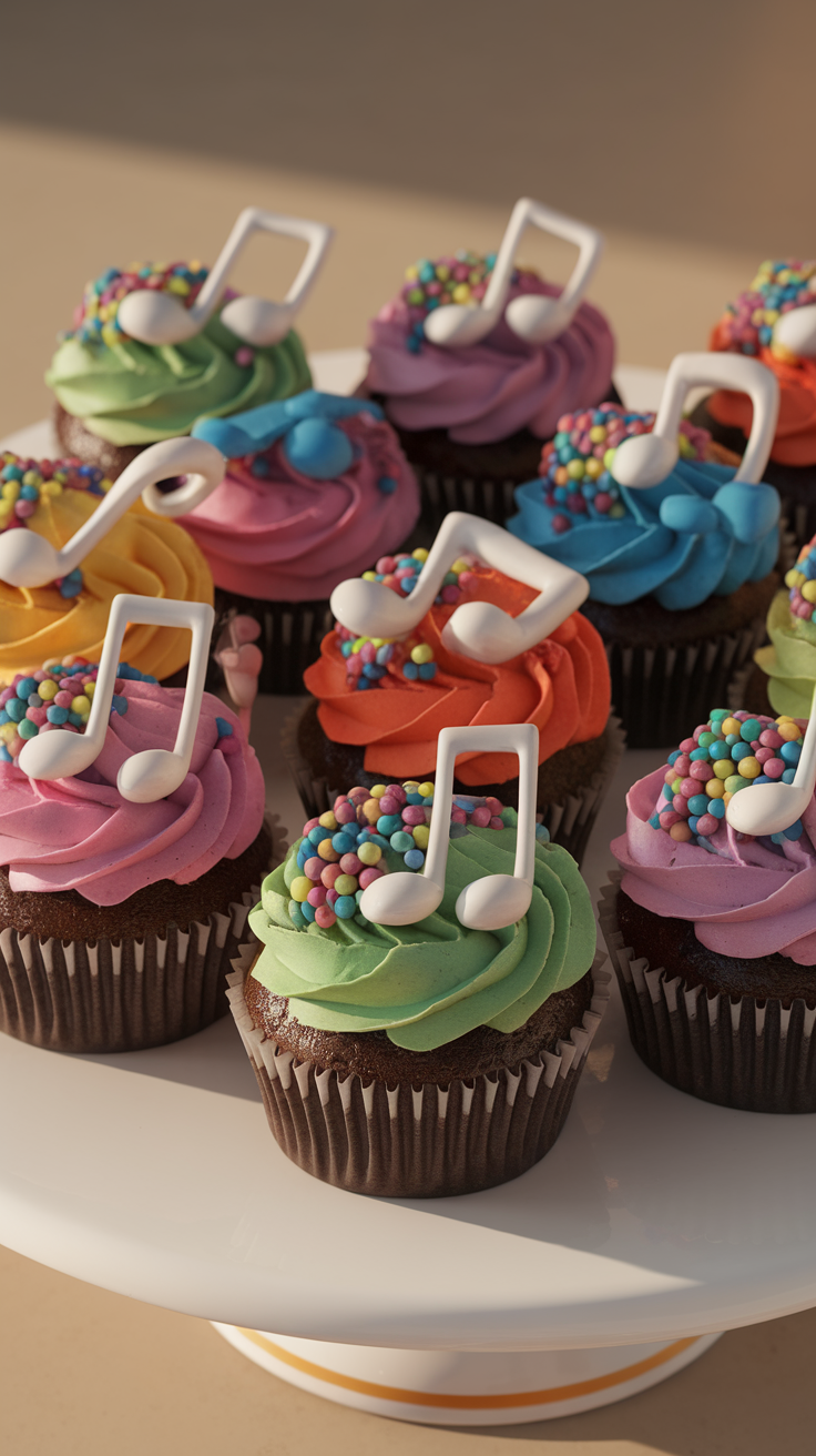 Colorful cupcakes with music note decorations and candy beads on top