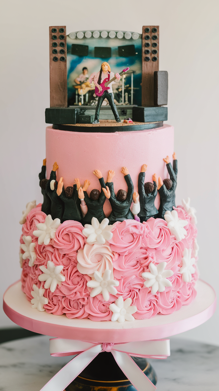 A cake shaped like a DJ at a turntable, with two figures dancing beside him.