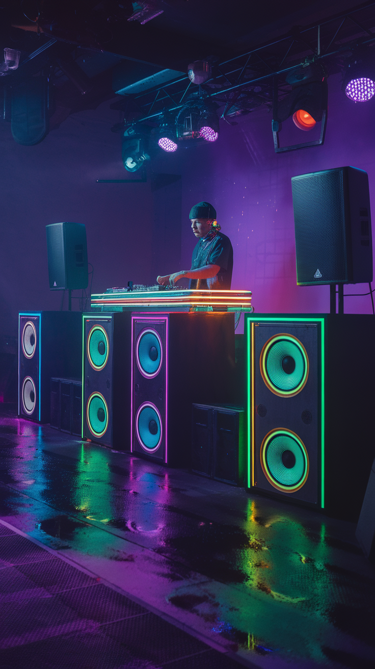 A DJ performing with colorful lights and speakers in a lively atmosphere.