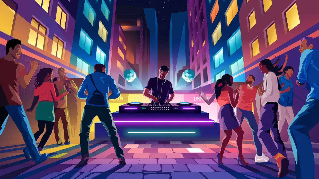 An illustration of an outdoor DJ party at night with vibrant lights and dancing people.