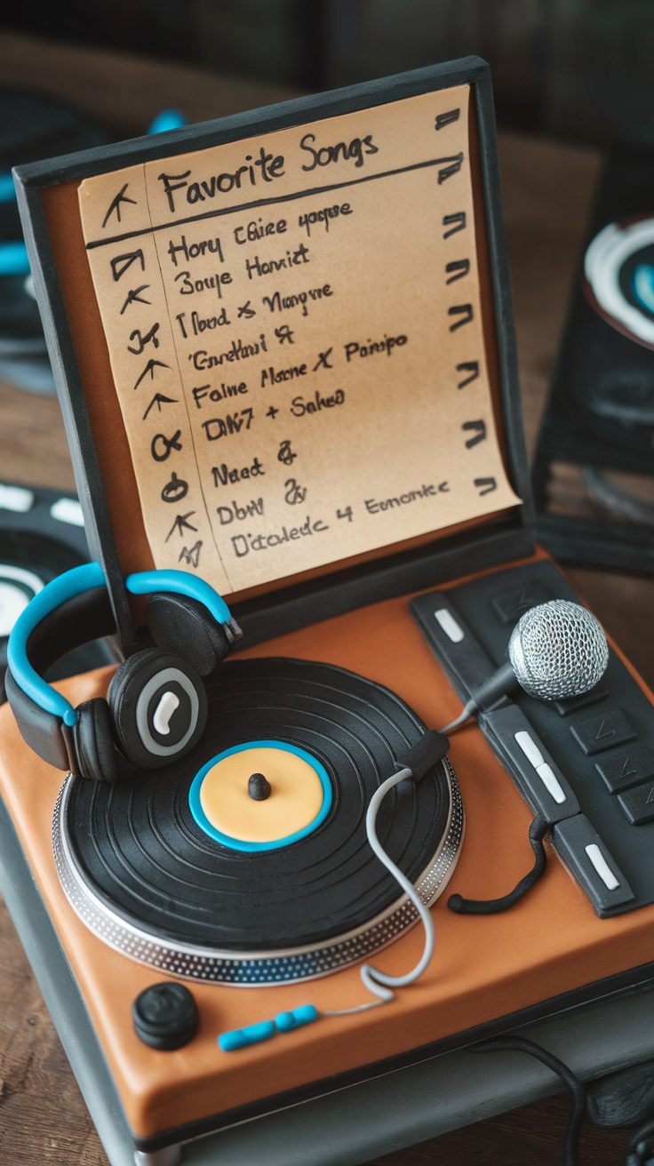 A DJ cake designed like a turntable with a list of favorite songs and decorations like headphones and a microphone.