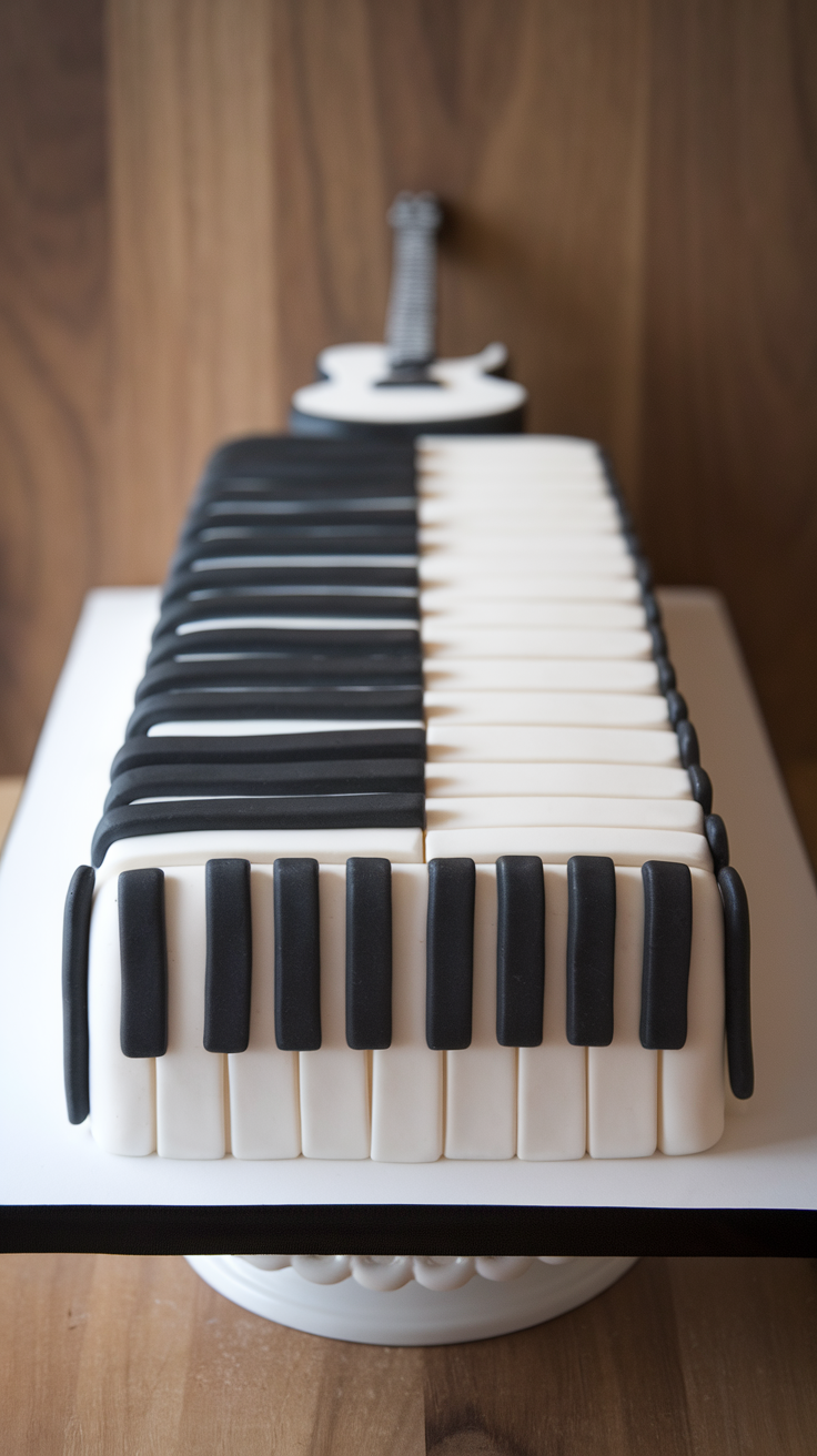 A cake designed to look like a piano keyboard with a small guitar decoration on top.