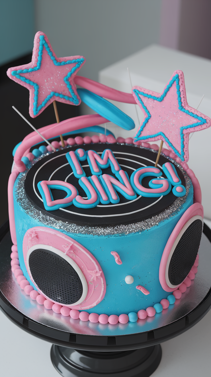 A colorful DJ-themed cake with the words 'I'M DJING!' on top, decorated with stars and speaker designs.