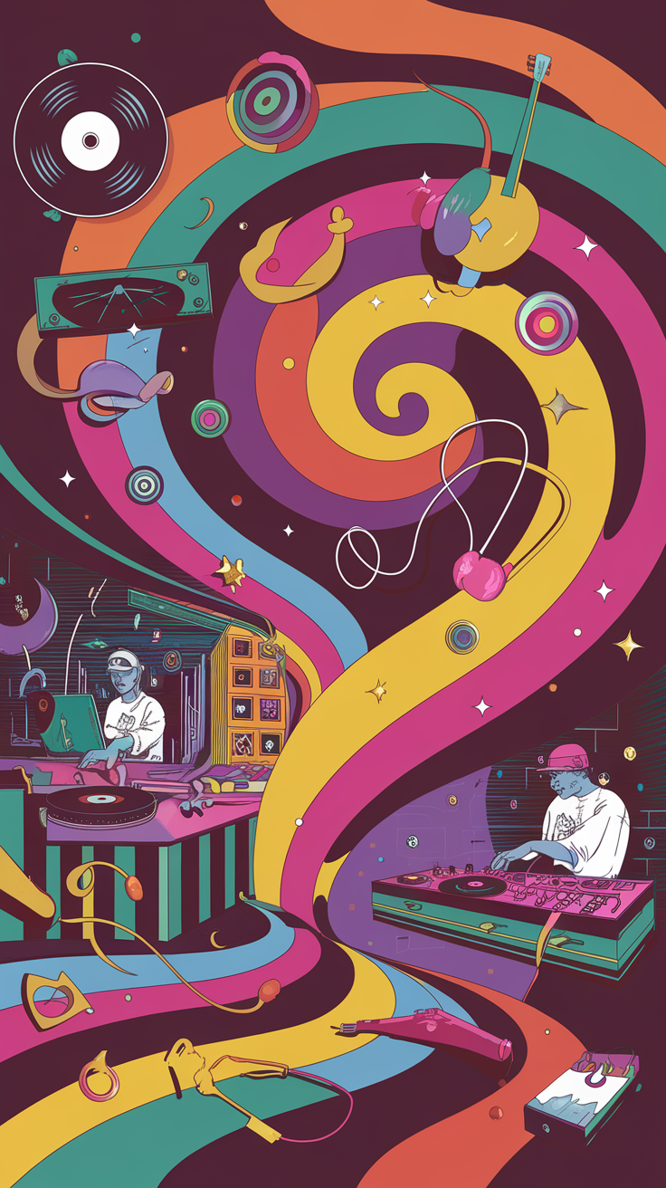 A colorful, psychedelic illustration featuring DJs and music elements.