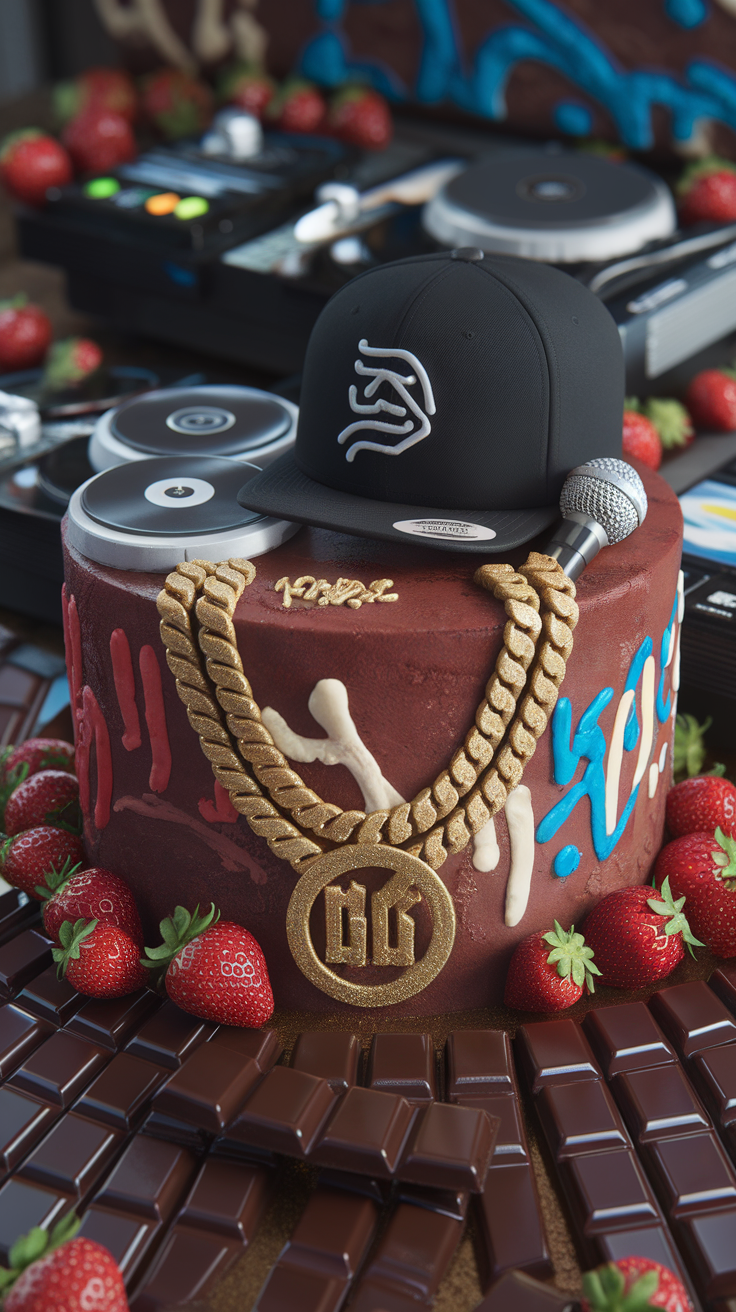 A decorated cake representing DJ culture, featuring a cap, gold chain, strawberries, and chocolate bars.