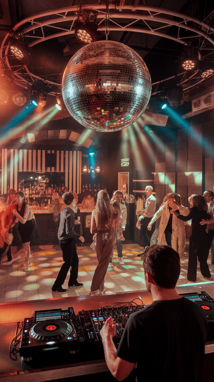 A DJ performing at a retro disco party with a disco ball and people dancing.