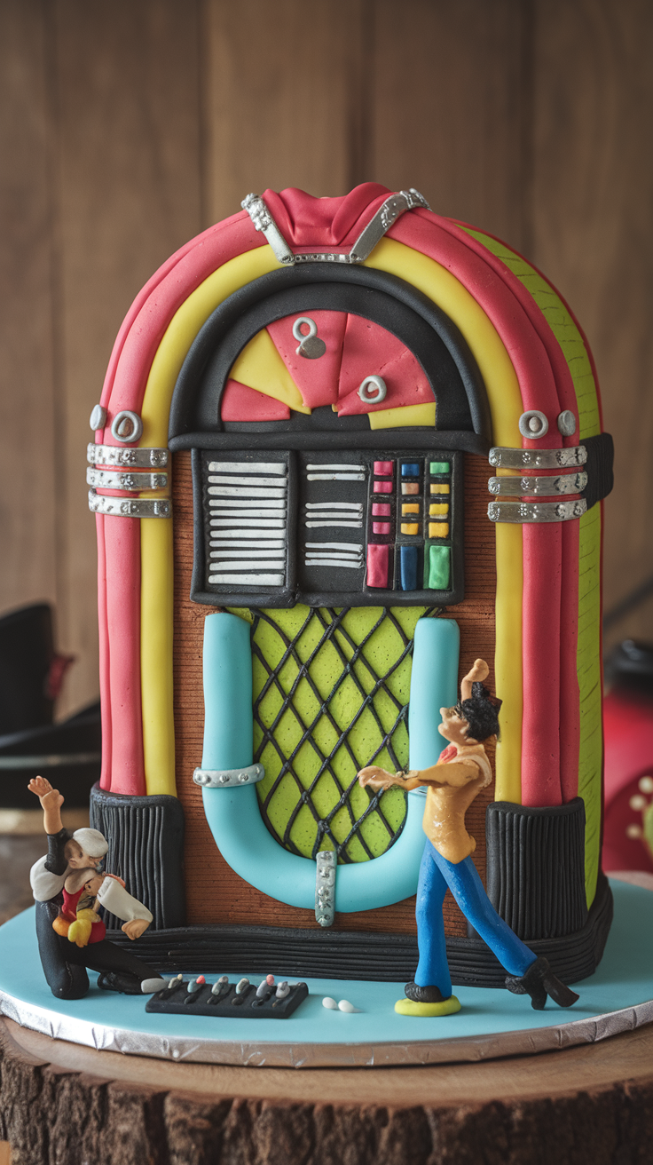 A colorful Retro Jukebox Cake with DJ figurines celebrating music.