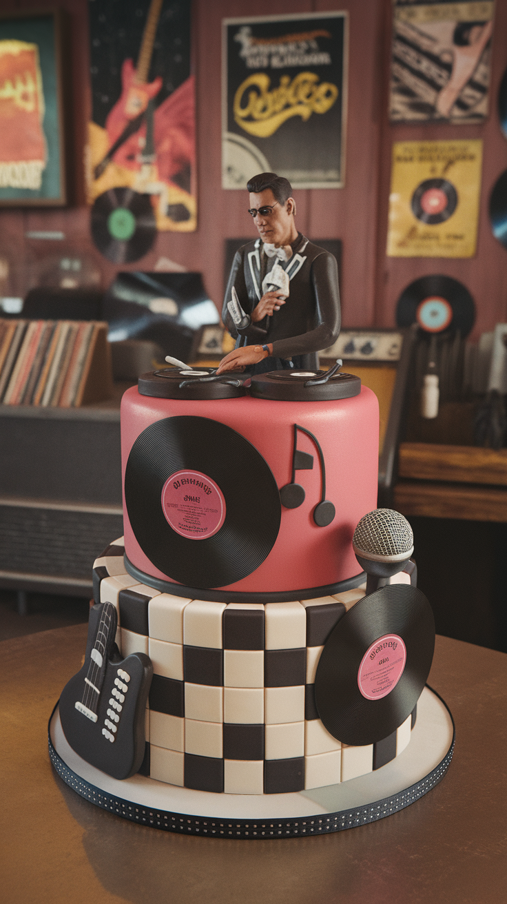 A colorful Retro Rockabilly cake featuring a DJ figurine on top, surrounded by vinyl records and musical notes.