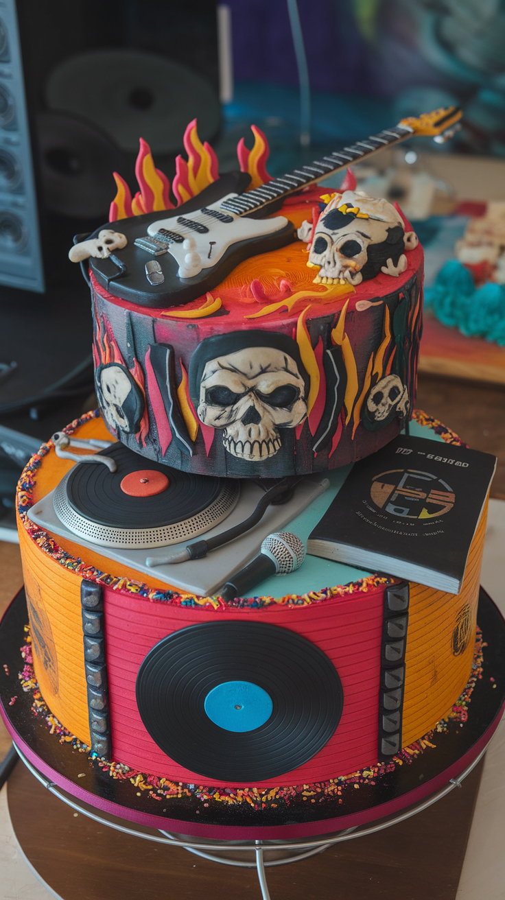 Rock and roll themed cake with a guitar, skulls, and DJ turntable decorations.