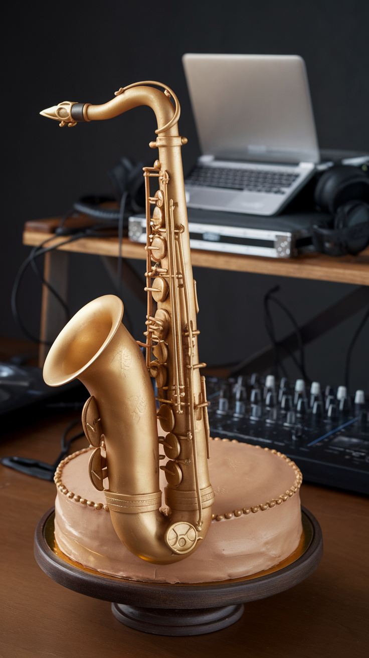 A saxophone cake atop a wooden stand with a DJ setup in the background.