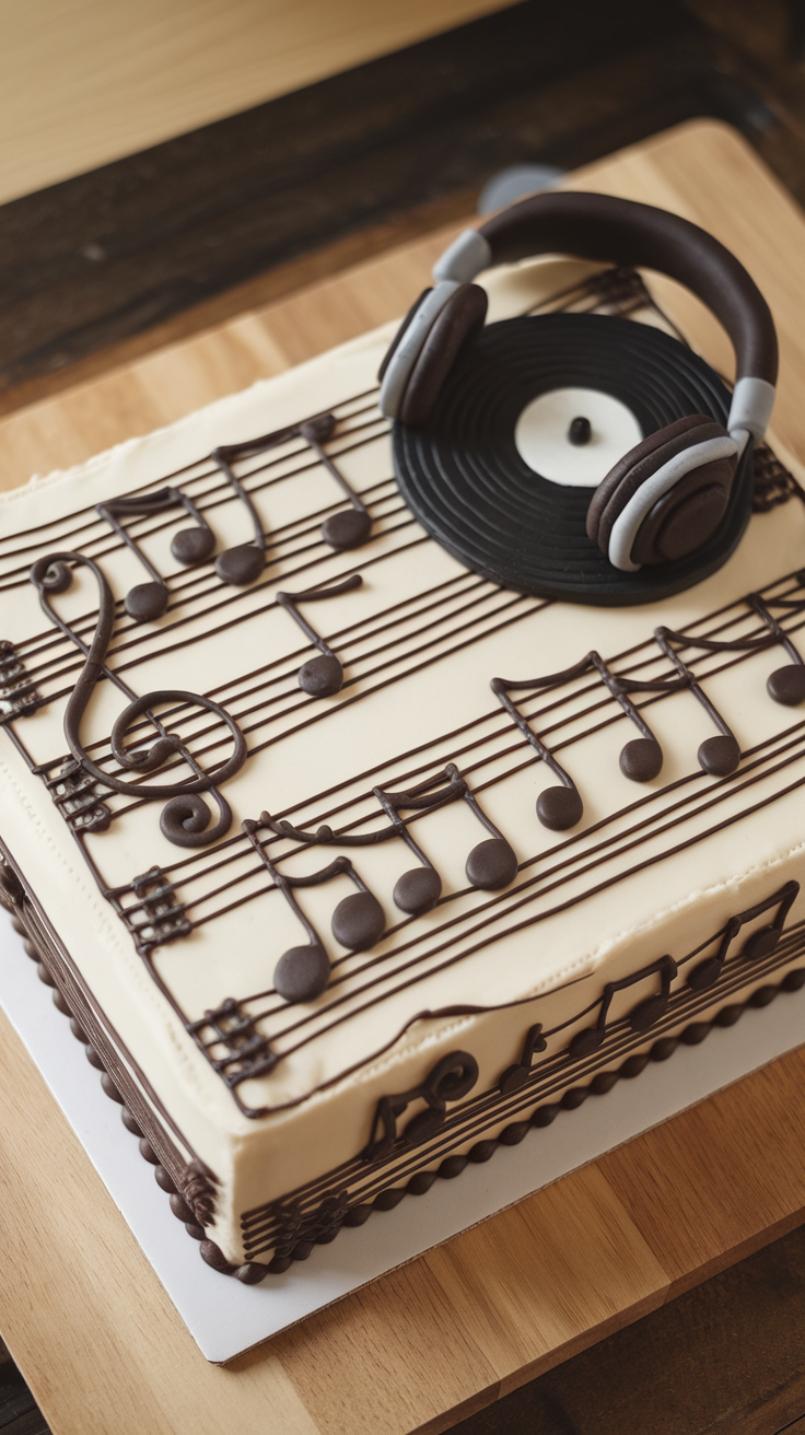 A sheet music cake decorated with musical notes and a vinyl record topped with headphones.