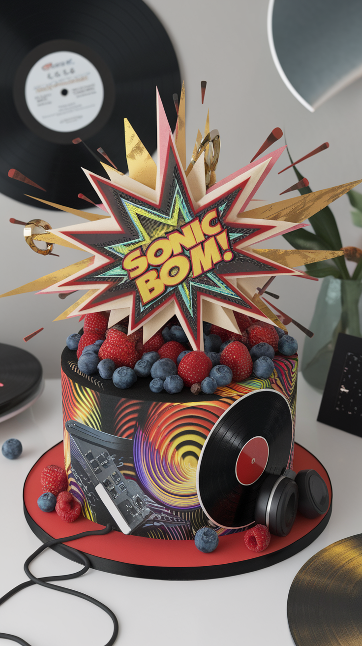 A vibrant Sonic Boom Cake decorated with berries, vinyl records, and a colorful explosion graphic.