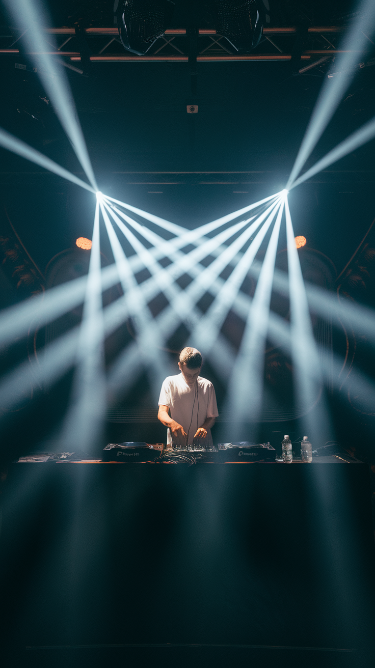 A DJ performing with beams of light shining down on him.