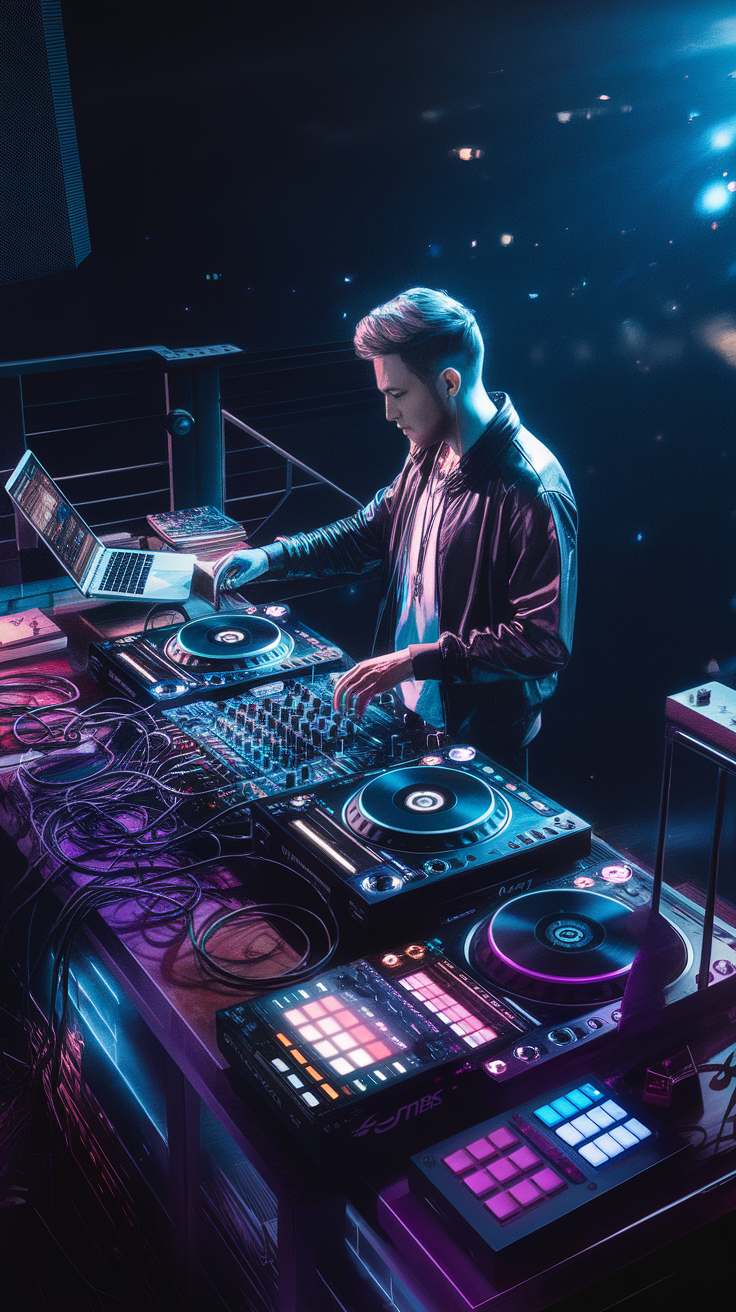 A DJ performing live with a laptop and turntables, set against a colorful backdrop.