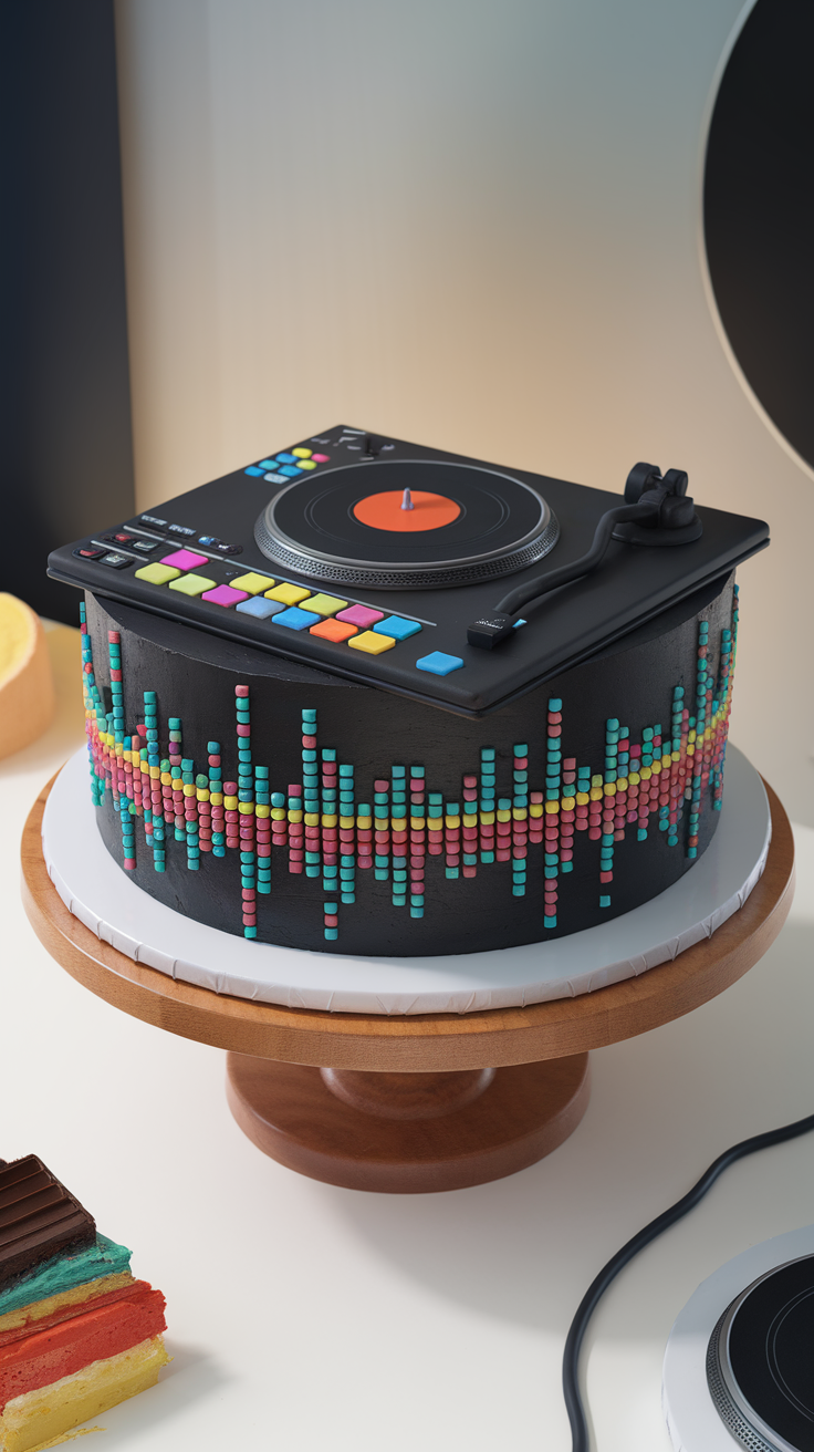 A cake designed to resemble a DJ turntable, featuring colorful sound wave decorations.