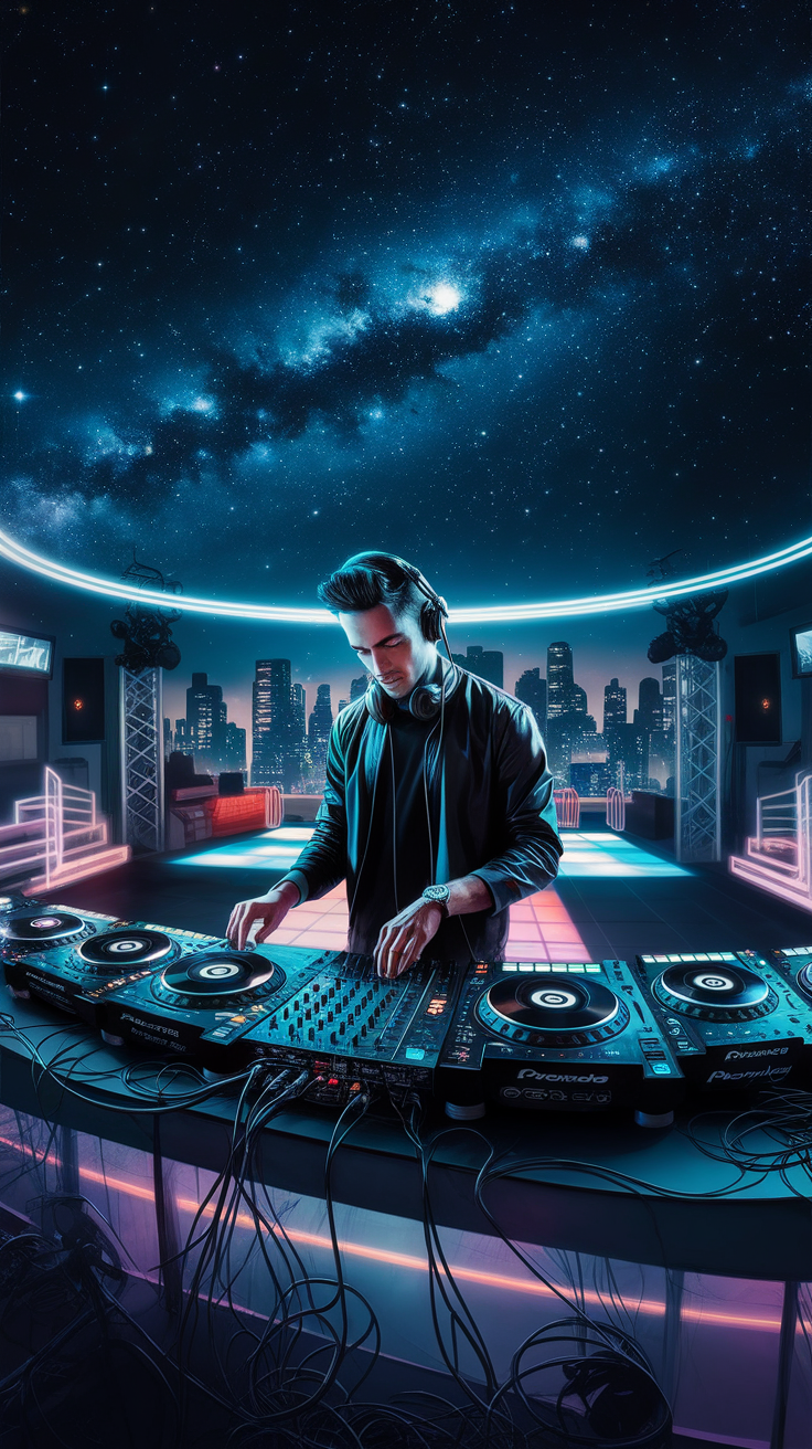 A DJ performing at night with a city skyline and a starry background.