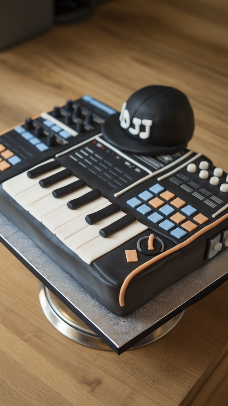 A cake designed to look like a synthesizer with a DJ cap on top