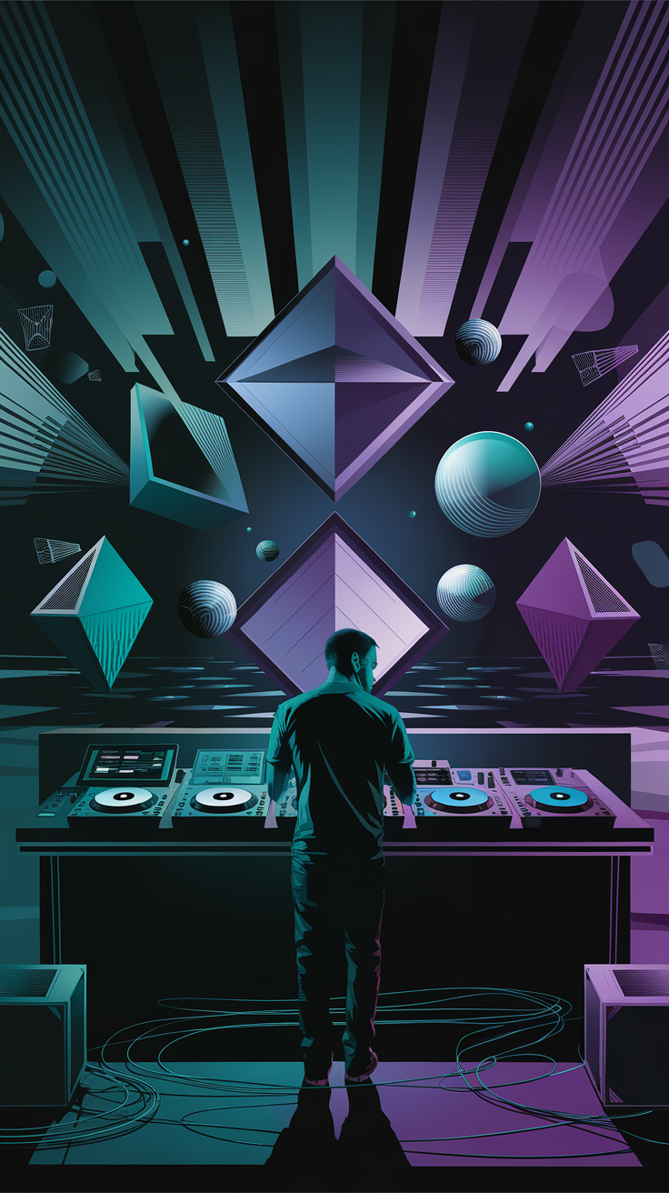 A DJ mixing music with colorful geometric shapes in the background.