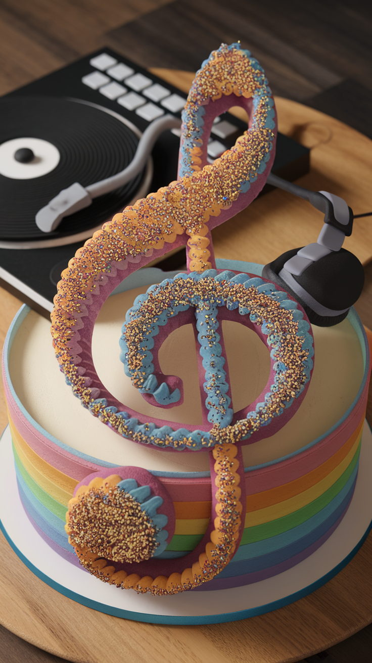 A colorful cake shaped like a treble clef, surrounded by DJ equipment.