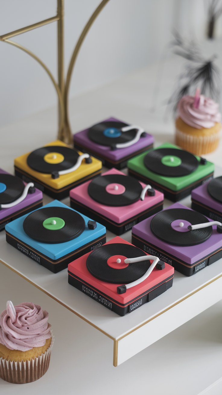 Colorful turntable cupcakes with fondant decorations resembling record players