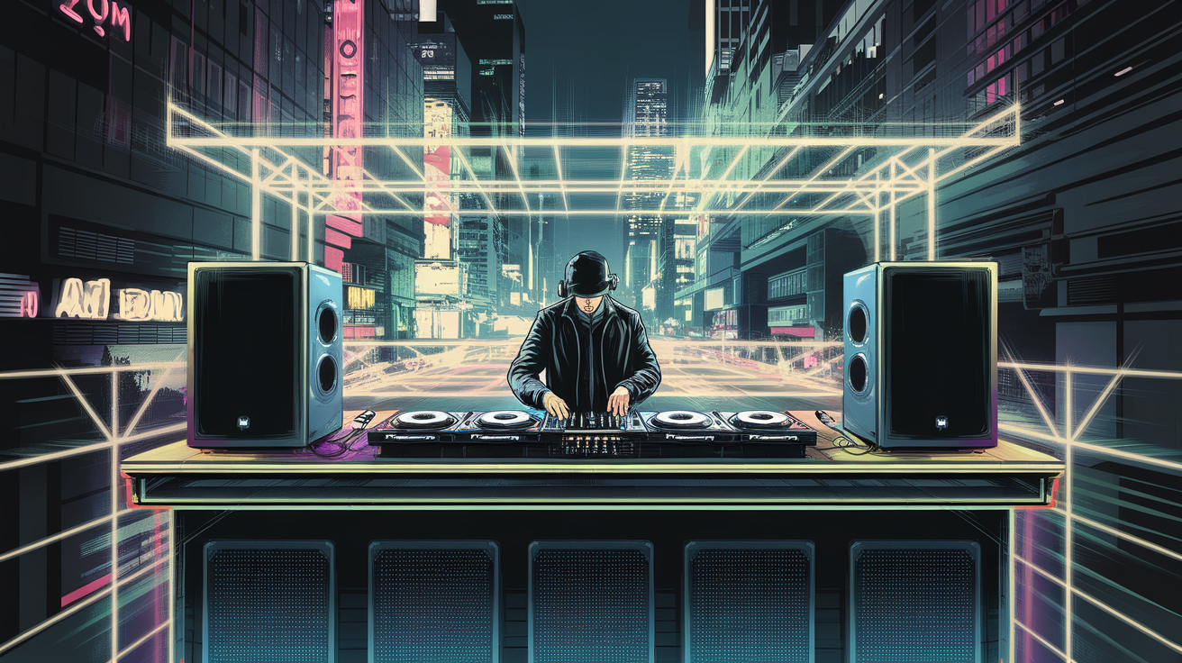 An illustration of a DJ booth at night with vibrant lights and a city skyline.