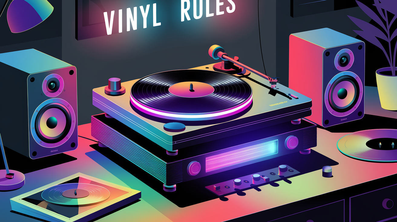 Colorful illustration of vibrant neon turntables with speakers and a vinyl record.