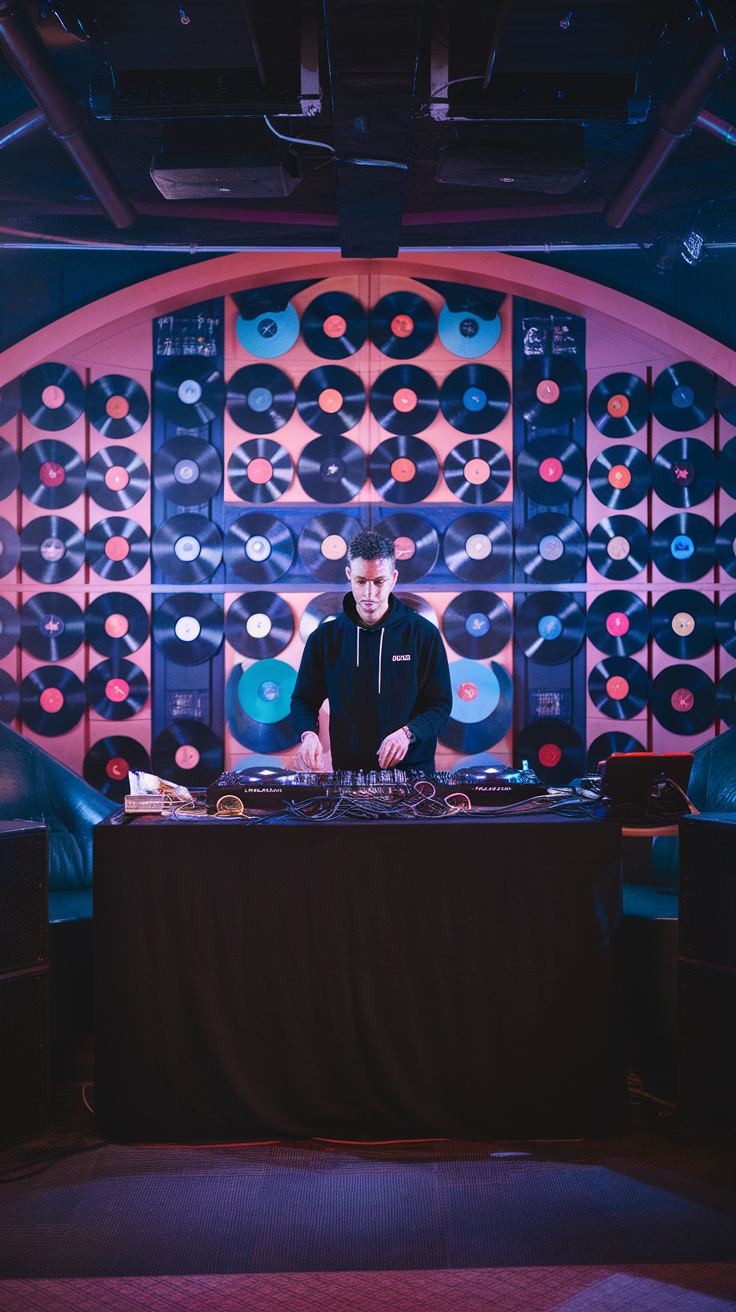 A DJ performing in front of a wall filled with vinyl records.