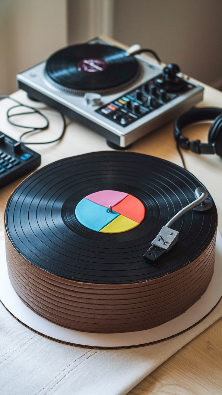 A realistic vinyl record cake on a table with DJ equipment in the background.