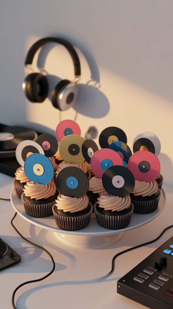 Cupcakes decorated with vinyl record toppers on a white plate, with DJ equipment in the background.