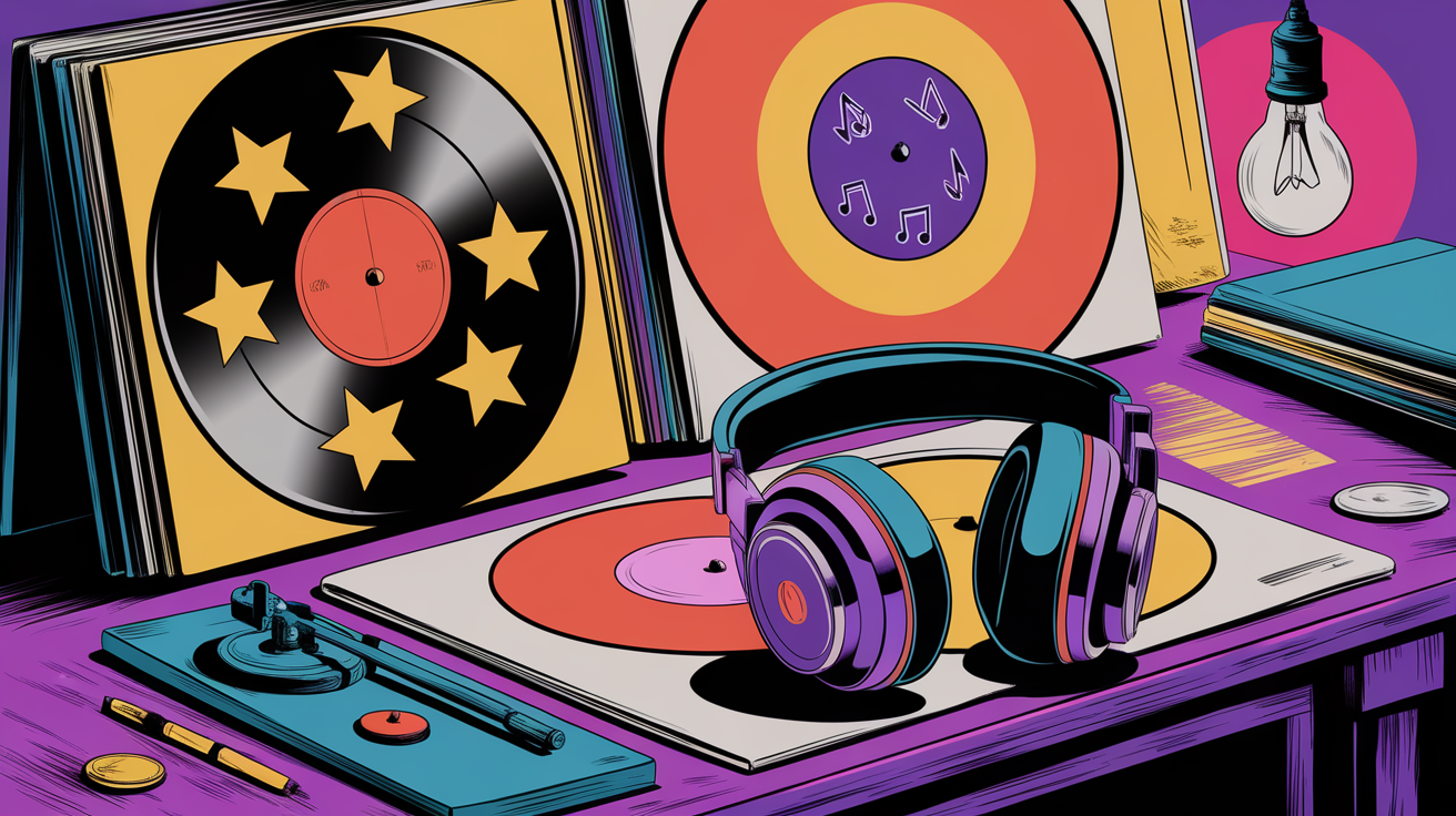 A colorful illustration of vinyl records and headphones on a table.