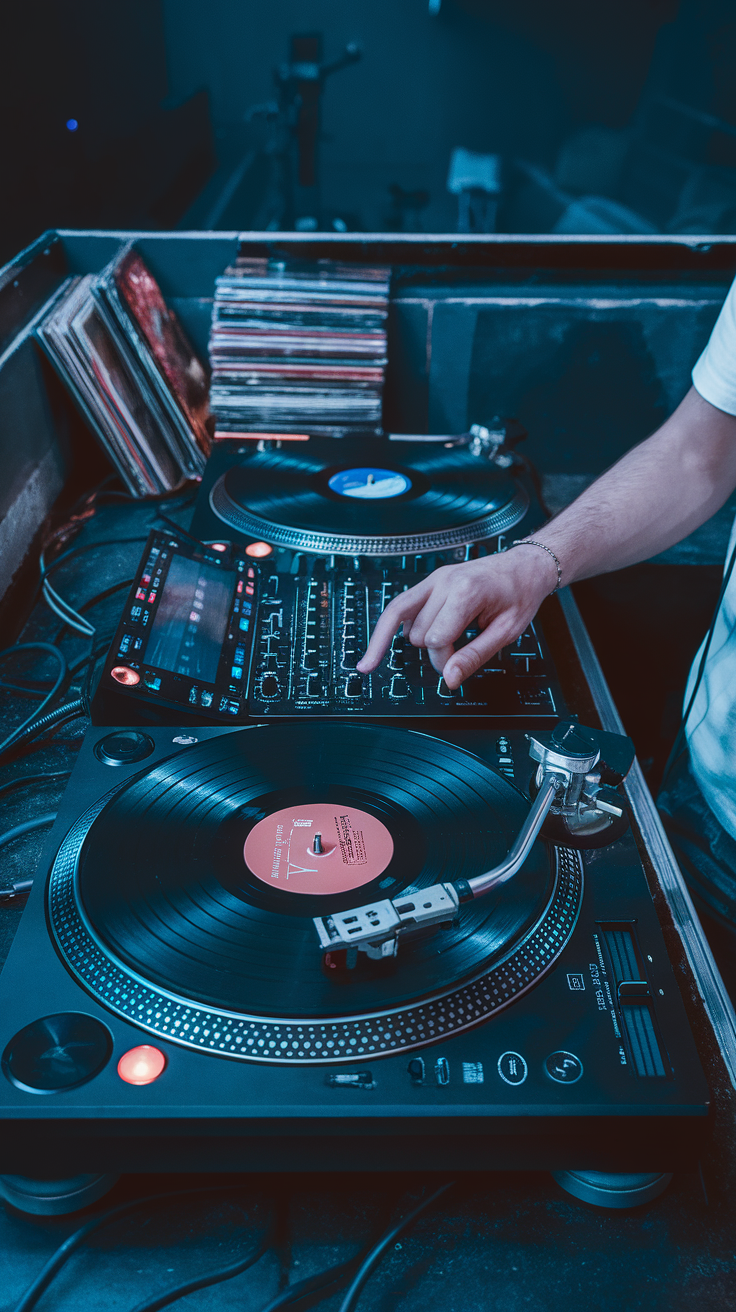 A DJ mixing records on turntables with vinyl records in the background.